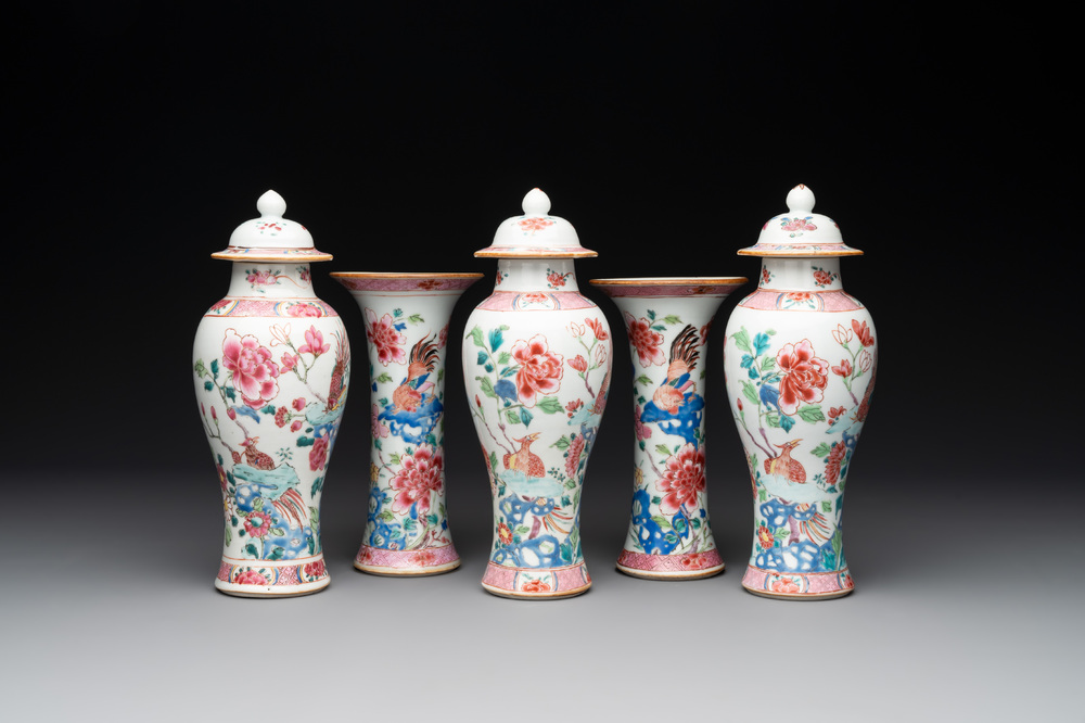 A Chinese famille rose 'birds' garniture with five vases, Qianlong