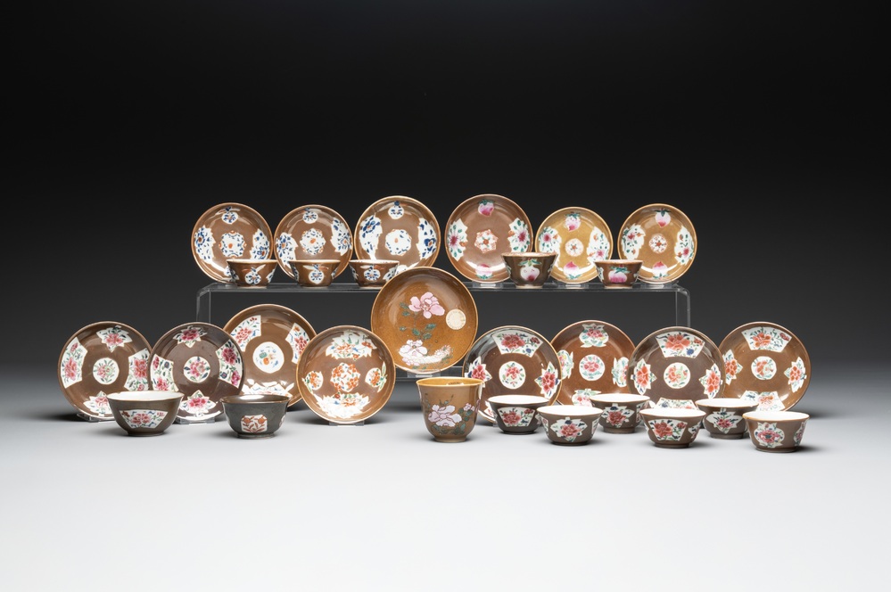29 Chinese famille rose capucin-brown-ground tea wares, Yongzheng/Qianlong