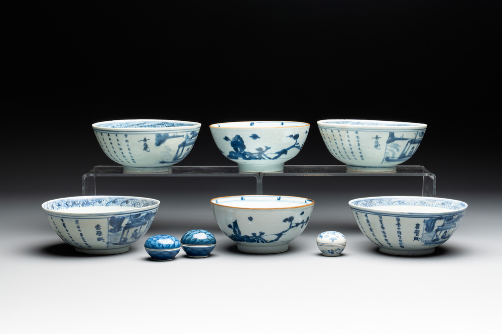 Six Chinese blue and white shipwreck bowls and three covered boxes from the Hatcher and Nanking cargo, Transitional period and Qianlong