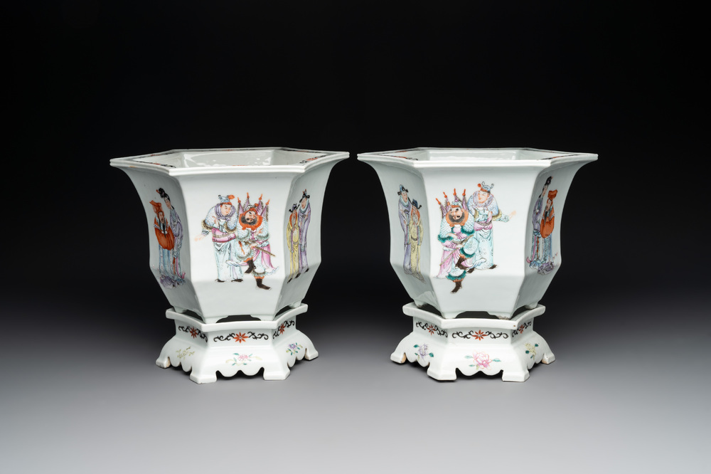 A pair of Chinese famille rose 'Wu Shuang Pu' hexagonal jardini&egrave;res on stands, Republic