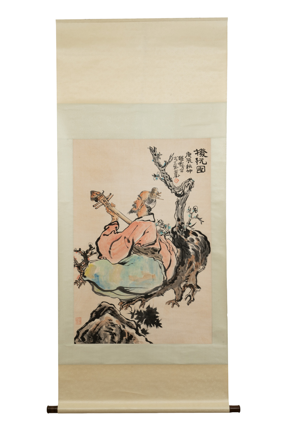 Cheng Shifa 程十发 (1921-2007): 'Pipa playing sage', ink and colour on paper, dated 2000