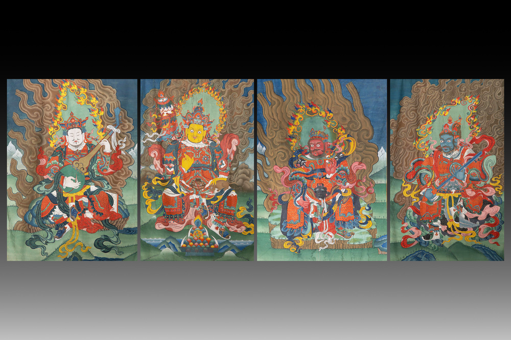 A series of four very large Sino-Tibetan thangkas of the Four Heavenly Kings, 19th C.