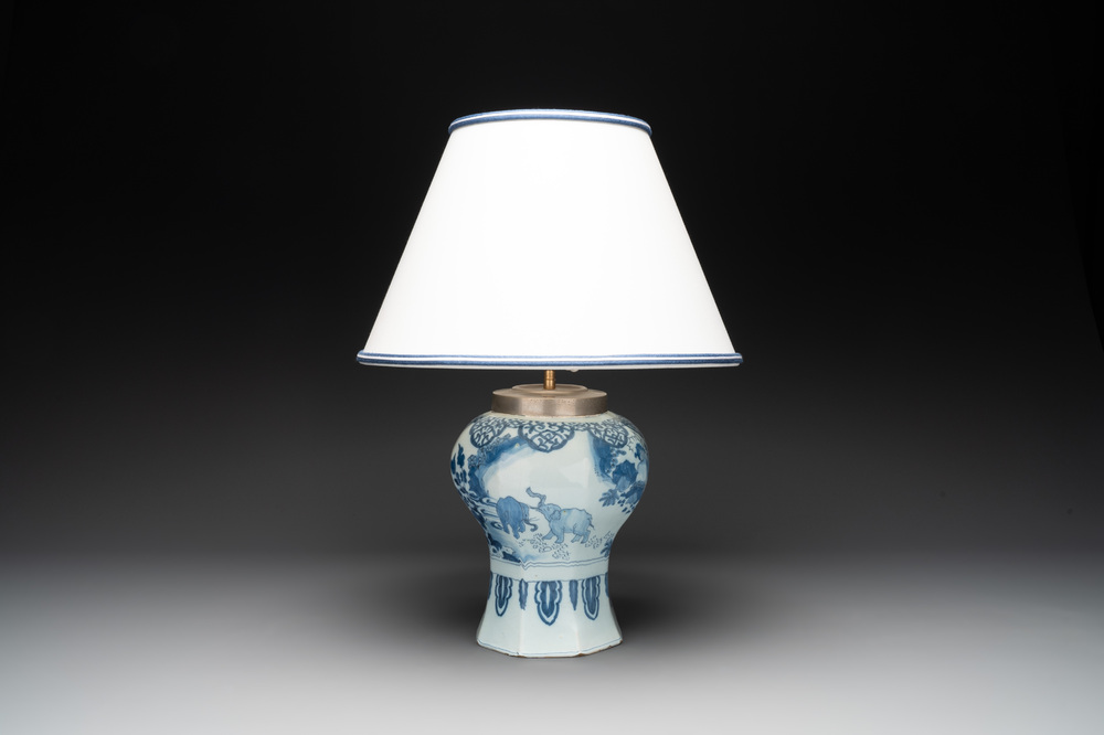 A rare blue and white Dutch Delft chinoiserie vase with elephants mounted as a lamp, 17th C.