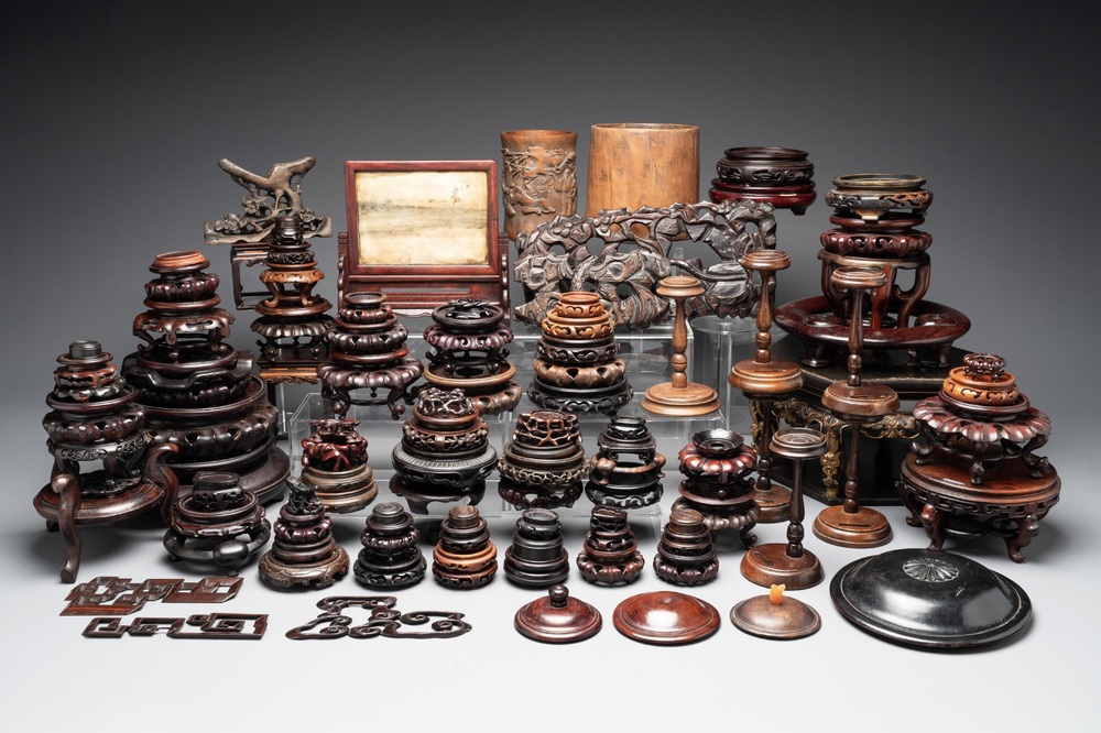 A large collection of 103 Chinese wooden stands, covers and other wood works, 19/20th C.