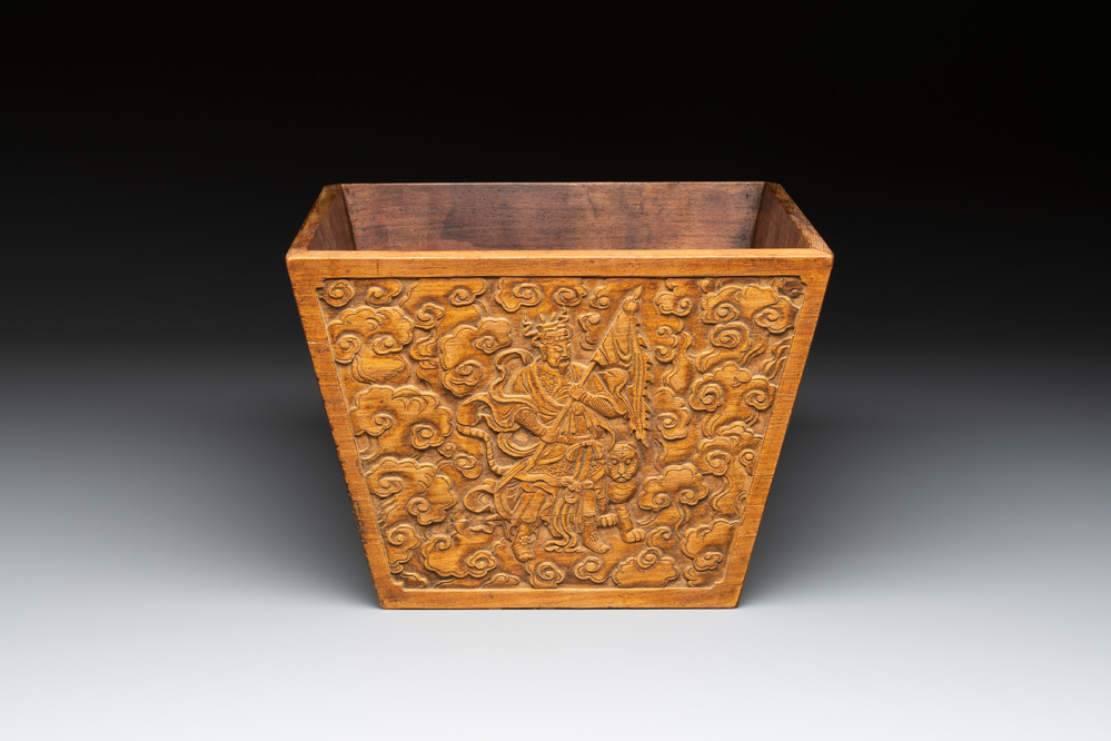 A Chinese huanghuali trapezoidal vessel with four heavenly kings among the clouds, 18th C.