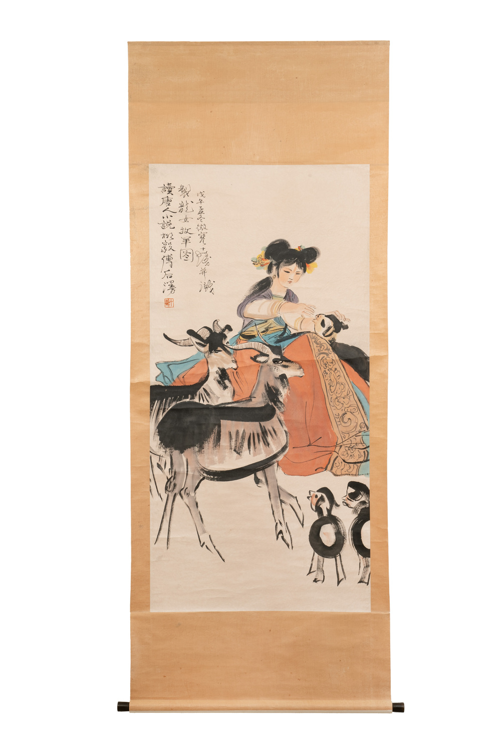 Cheng Shifa 程十发 (1921-2007): 'Shepherdess surrounded by three goats', ink and colour on paper, dated 1978