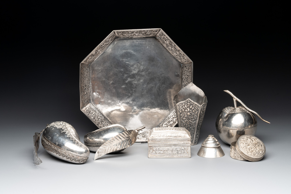 Eight silver betel chewing utensils, Southeast Asia, 19/20th C.