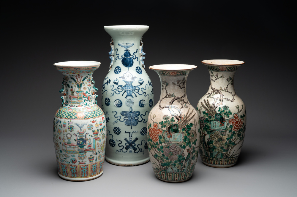 A pair of Chinese Nanking famille verte crackle-glazed vases, a famille rose vase and a blue and white celadon-ground vase, Chenghua mark, 19th C.