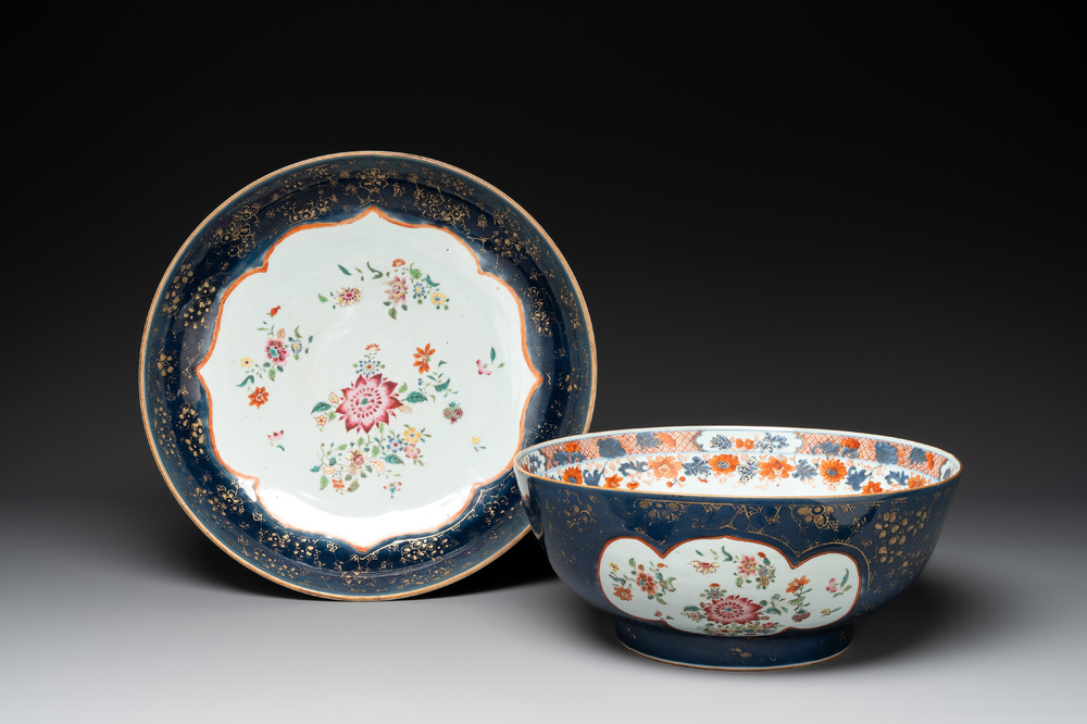 A large Chinese famille rose blue-ground punch bowl and dish, Qianlong