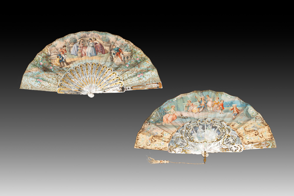 Two folding fans, watercolour on paper and mother-of-pearl, France, 19th C.