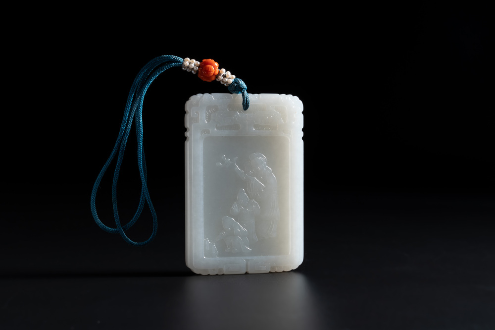 A Chinese white jade Zigang-style plaque, 19/20th C.