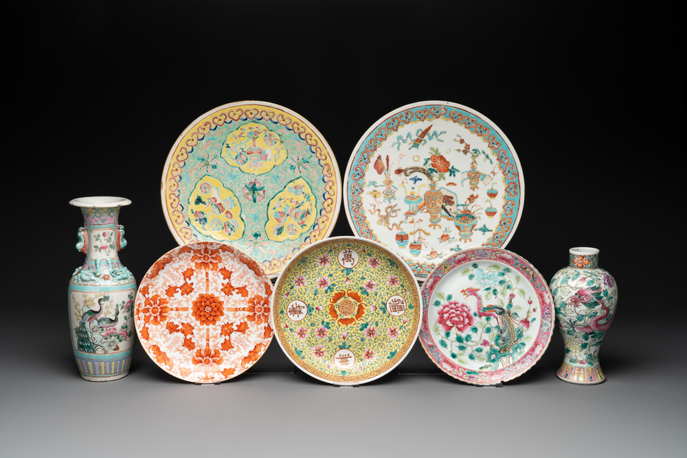 Seven Chinese famille rose and iron-red-decorated wares, 19th C.