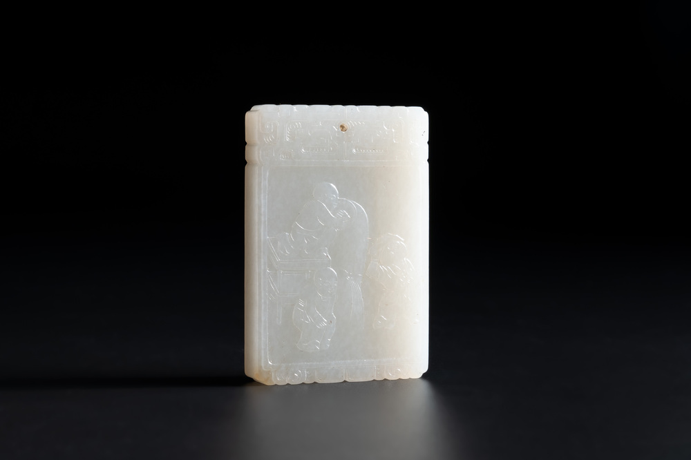 A Chinese white jade 'playing boys' plaque, signed Zigang 子冈, 19/20th C.