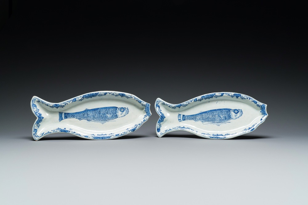A pair of blue and white Dutch Delft fish-shaped 'herring' dishes, 18th C.