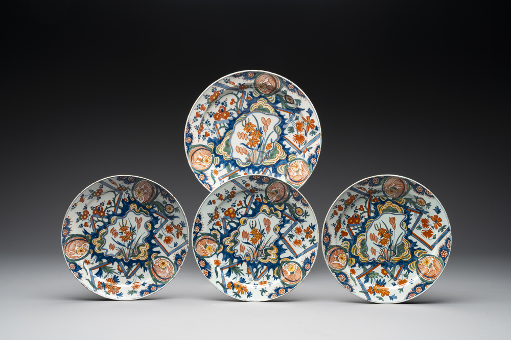 Three polychrome Dutch Delft 'lightning' plates and one dish, 1st quarter 18th C.