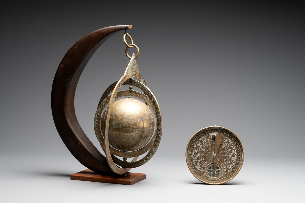 An Islamic brass astrolabe and a Persian sundial with compass, 19th C.