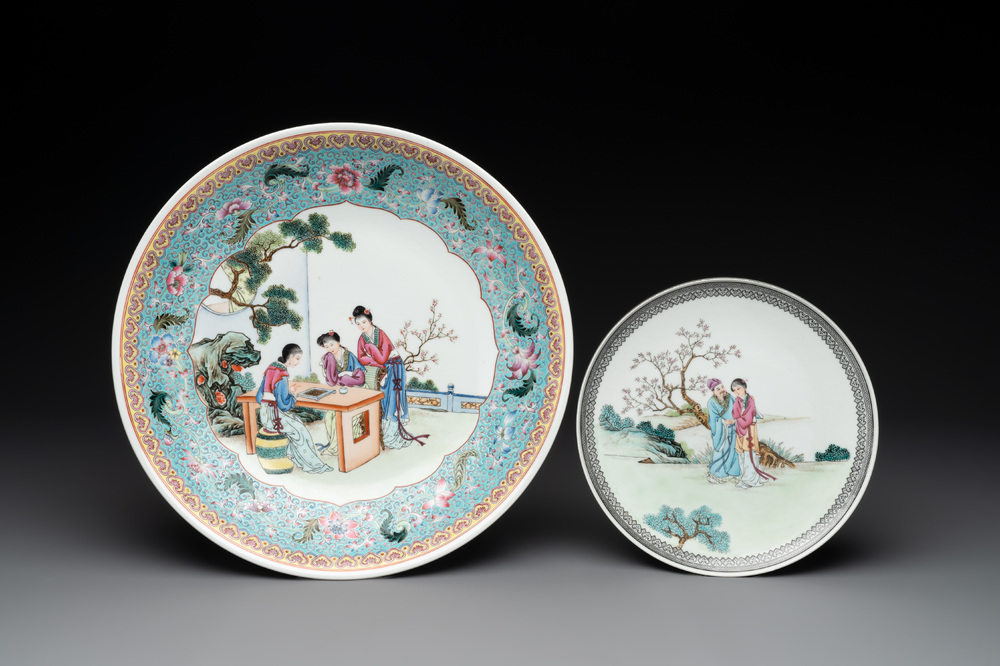 Two Chinese famille rose plates with figural design, Qianlong mark, 20th C.