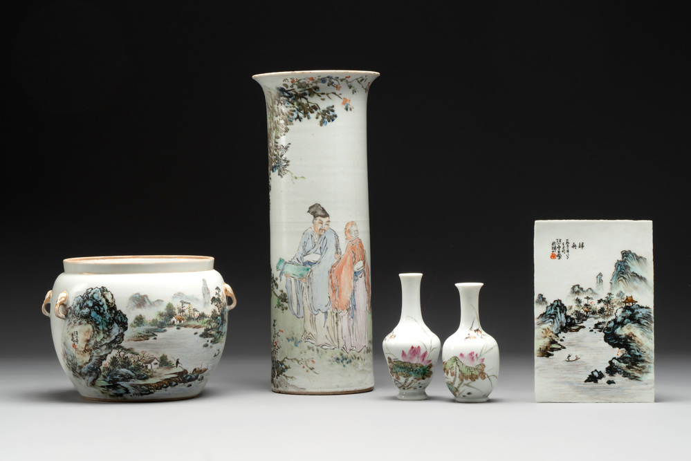 Five Chinese qianjiang cai wares , signed Wang Shaowei 王少維, Cheng Xingsheng 程興盛, Wang Xiaoting 汪小亭, 19/20th C.