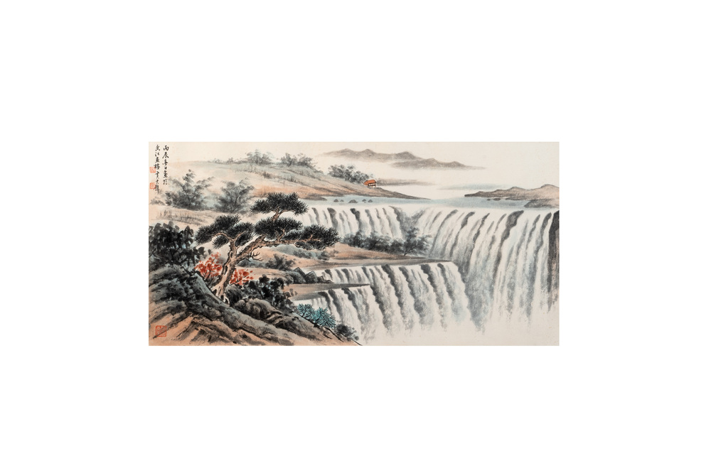 In the manner of Huang Ch&uuml;n-Pi 黃君璧 (1898-1991): 'Waterfall', ink and colour on paper, 20th C.