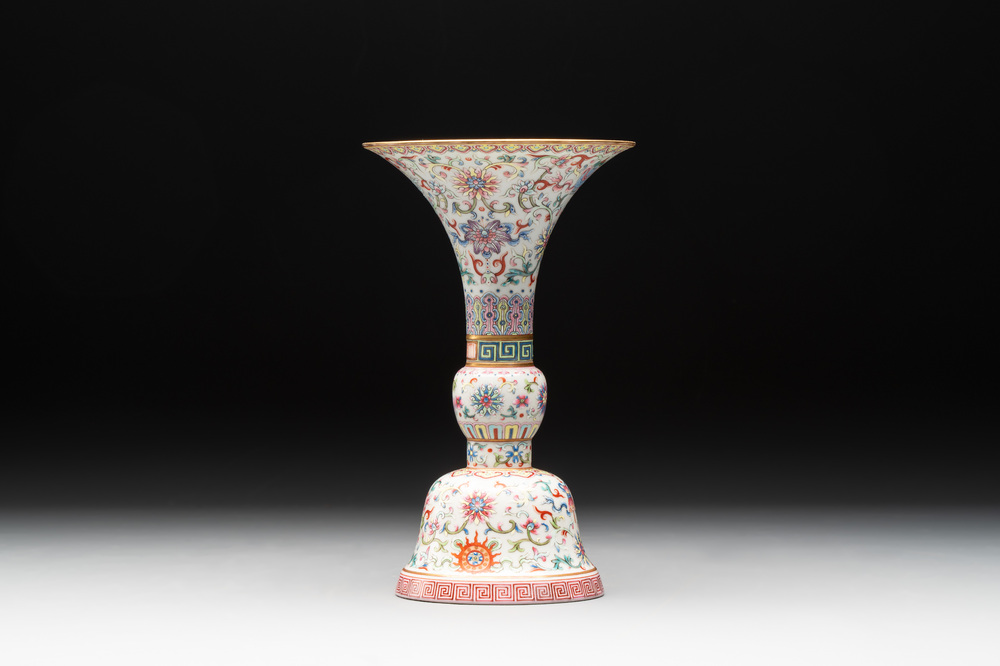 A Chinese famille rose 'bajixiang' 'gu' vase, Jiaqing mark, 19/20th C.
