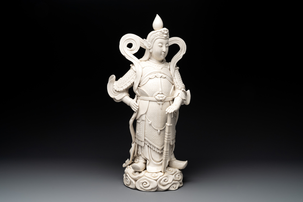 A large Chinese Dehua blanc de Chine figure of Weituo, He Chaozong 何朝宗 and Dehua 德化 mark, 20th C.