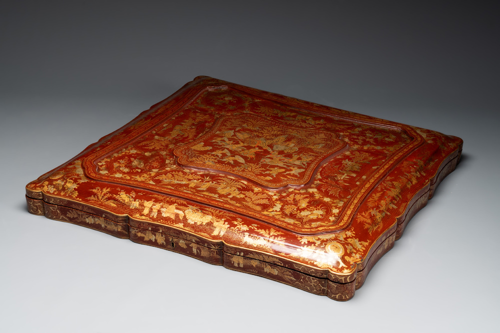 A large Chinese Canton gilt-lacquered garment box with landscape and figural design, 19th C.