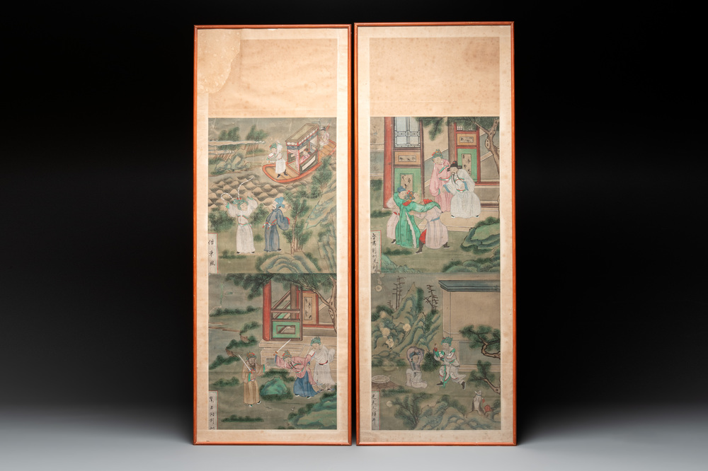 Chinese school: Two episodes from 'Romance of the Three Kingdoms', ink and colour on silk, 19/20th C.