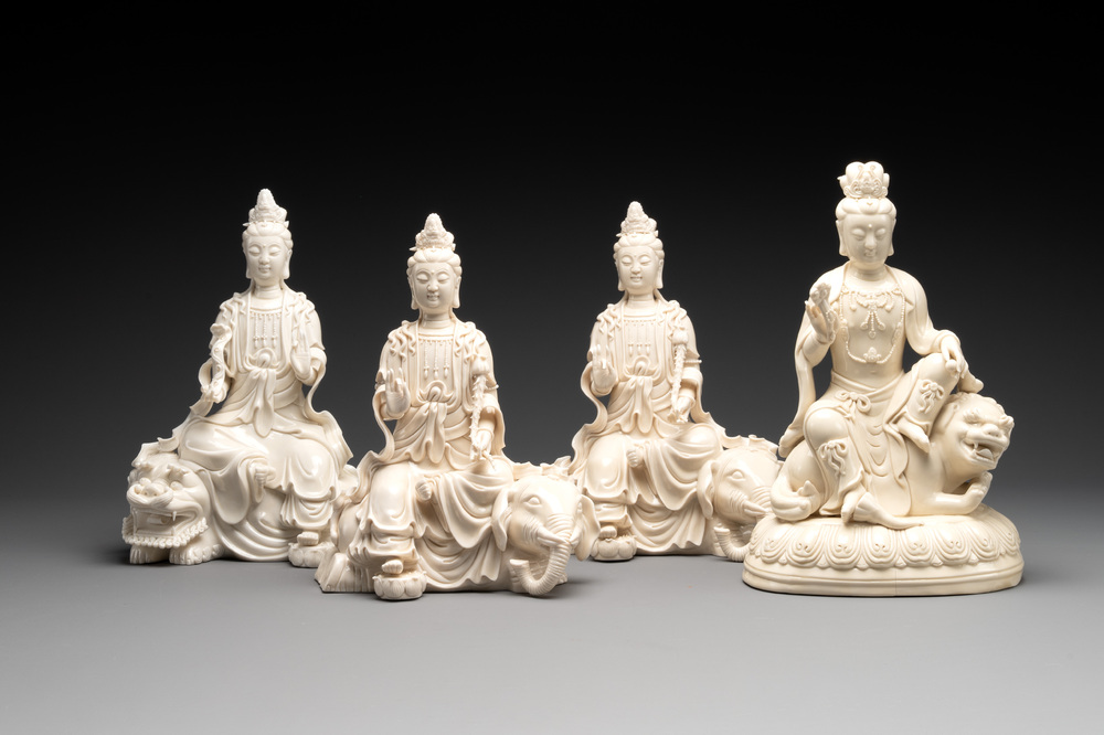 Four Chinese Dehua blanc de Chine sculptures of the seated Guanyin, 20th C.
