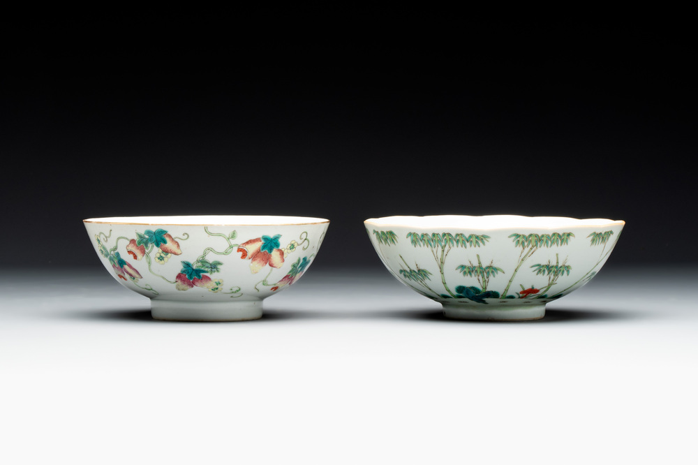 Two Chinese famille rose 'bamboo' and 'bitter gourd' bowls, Tongzhi mark and of the period
