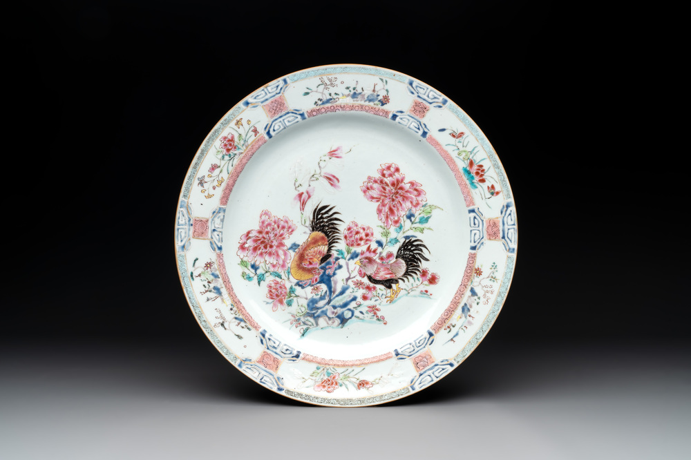 A Chinese famille rose 'rooster' dish, Yongzheng