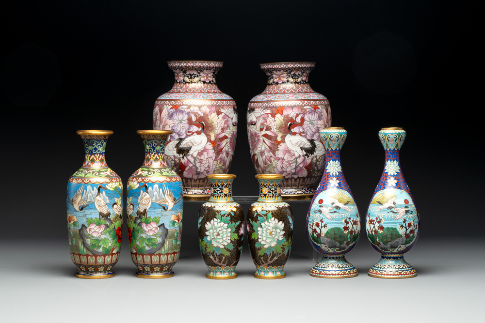 Four pairs of Chinese cloisonn&eacute; vases, 20th C.