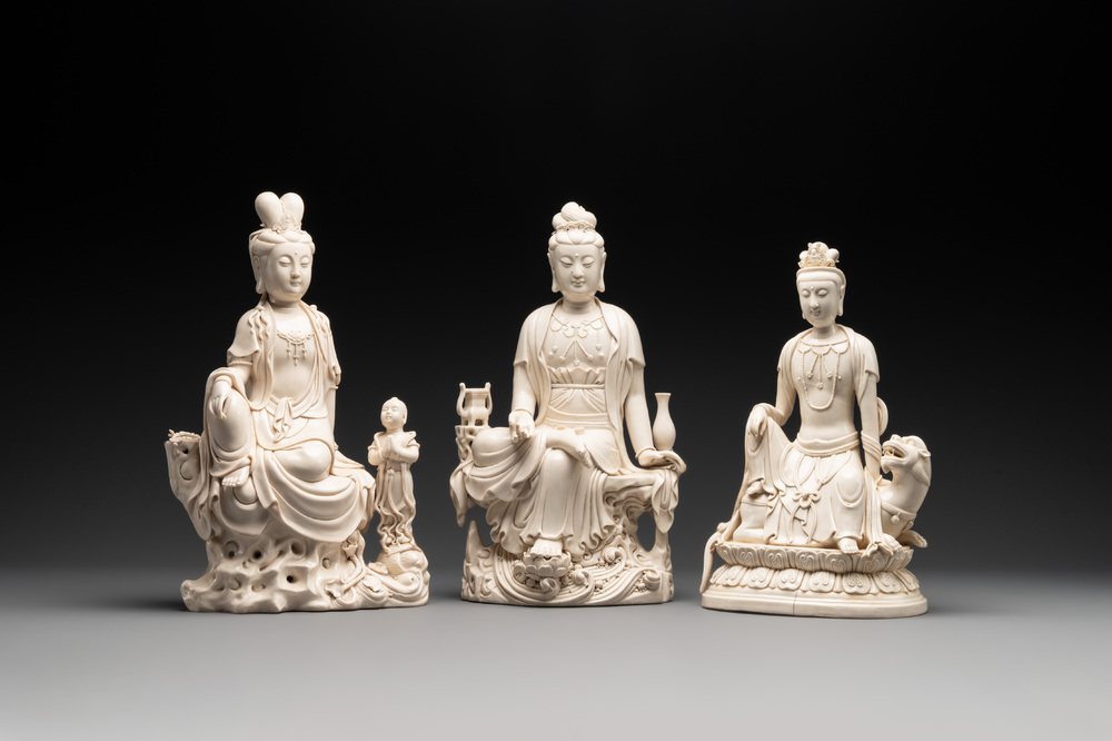Three Chinese Dehua blanc de Chine sculptures of Guanyin, 20th C.