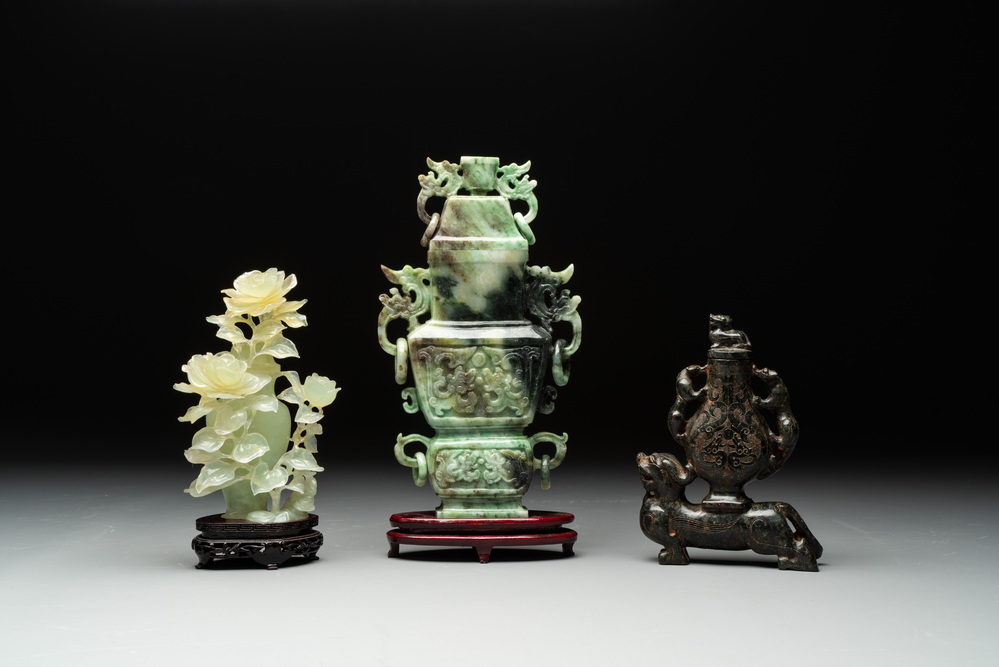 Three Chinese jade vases and covers, 20th C.