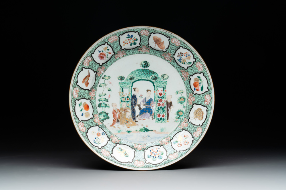 A Chinese famille rose 'arbor' plate after Cornelis Pronk, Qianlong