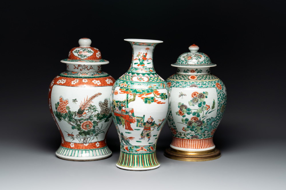 A Chinese famille verte vase and two covered vases, 19th C.
