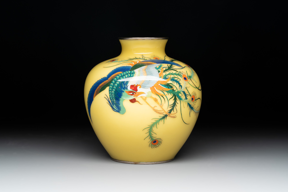 A Japanese yellow-ground cloisonn&eacute; 'phoenix' vase, Meiji/Taisho, 19/20th C.