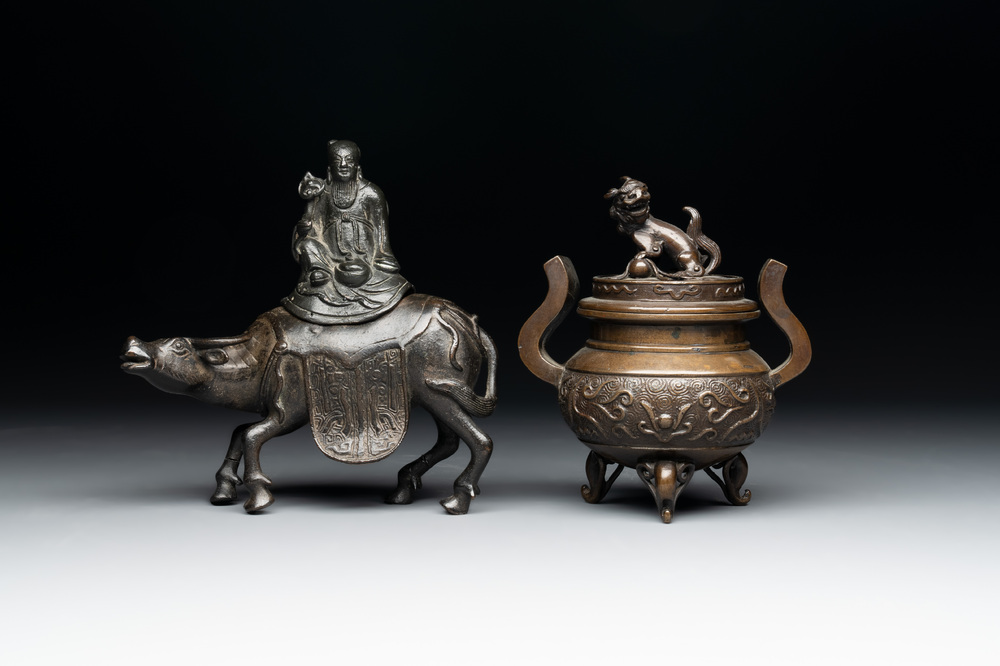 A Chinese 'Laozi on Buffalo' covered censer and a ding-form covered censer, Ming/Qing