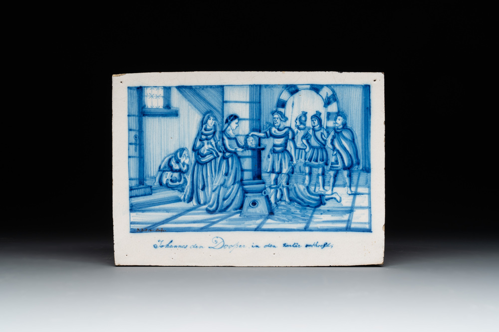 A blue and white Dutch Delft 'Salom&eacute; with the Head of St. John the Baptist' plaque, signed J.J. v. Luyn, Utrecht, 19th C.