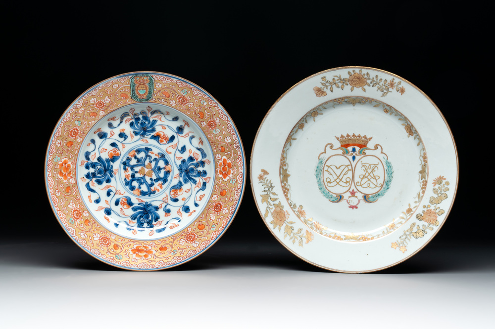 A Chinese verte-Imari plate and a famille rose armorial alliance plate, Qianlong