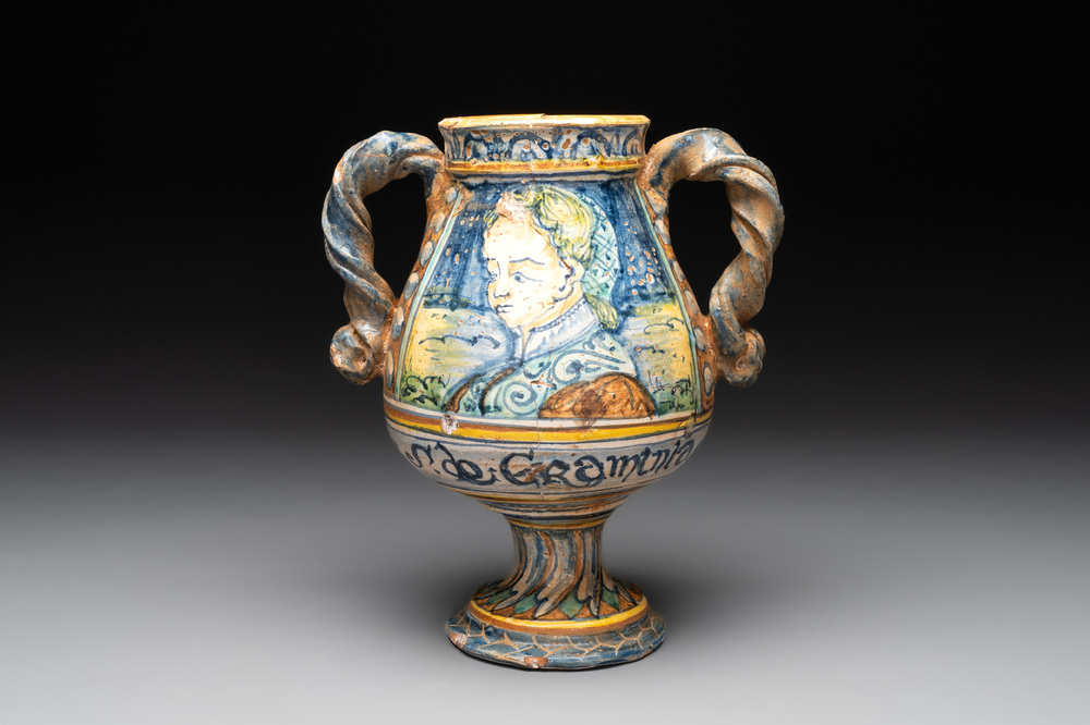 An Italian maiolica rope twist handle drug jar, probably Southern Italy, late 16th C.