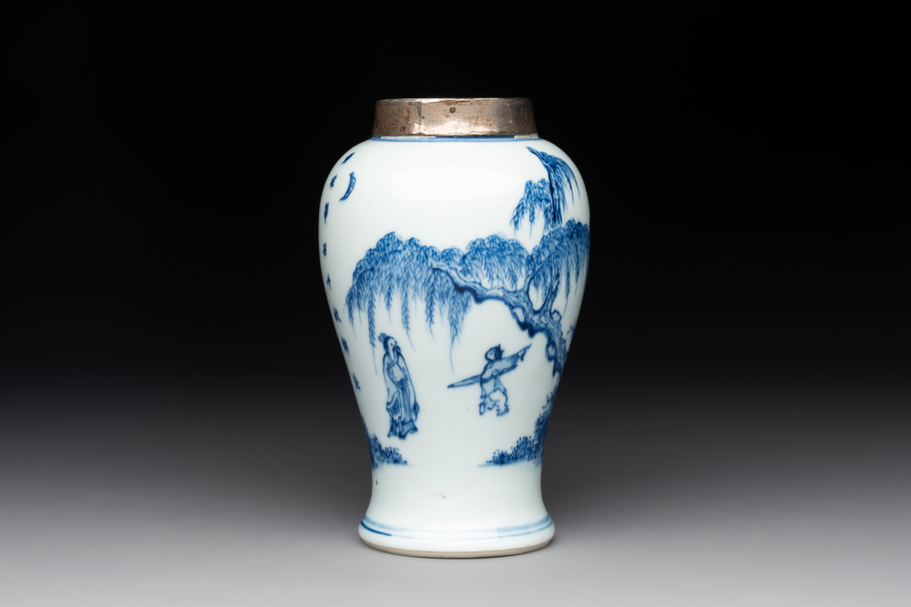 A Chinese silver-mounted blue and white vase, Qing Wan Ya Zhi 清玩雅製 mark, Kangxi