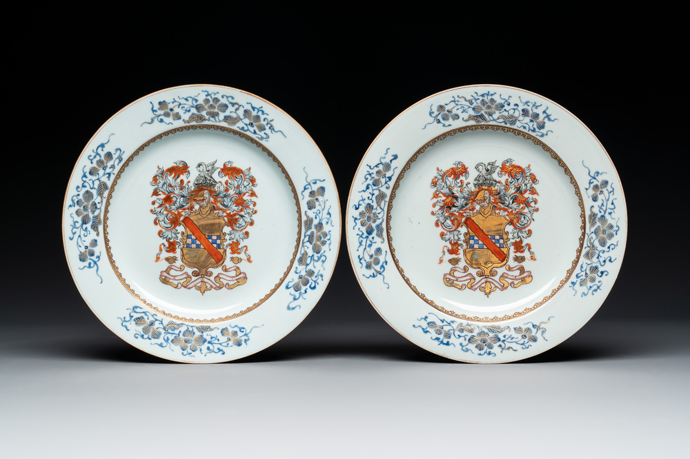 A pair of Chinese gilt-decorated famille rose armorial plates with the arms of Stewart, Qianlong, c. 1740