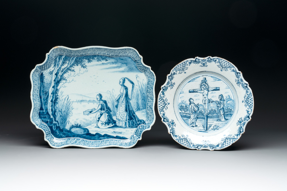 Two blue and white Dutch Delft 'biblical subject' dishes, 18th C.