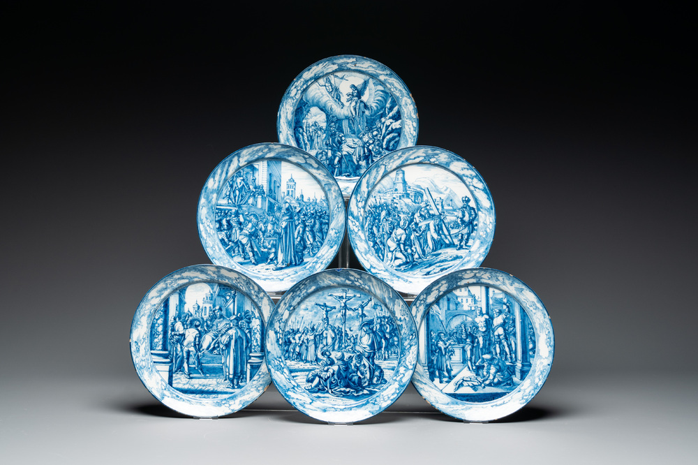 A set of six fine blue and white Dutch Delftware 'The Way of the Cross' plates, Rotterdam, ca. 1740-1750