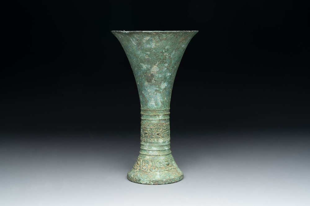 A Chinese archaic bronze ritual wine vessel, 'gu 觚', Shang