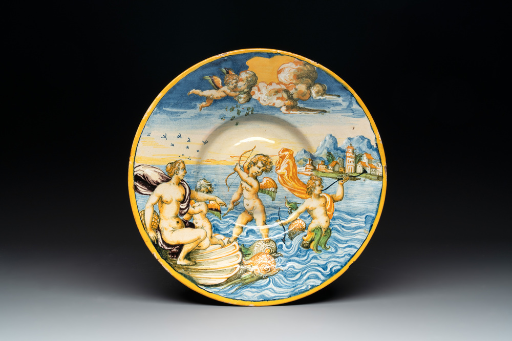 A large Italian maiolica 'Triumph of Galatea' dish, Fontana workshop, Urbino, ca. 1560-1570
