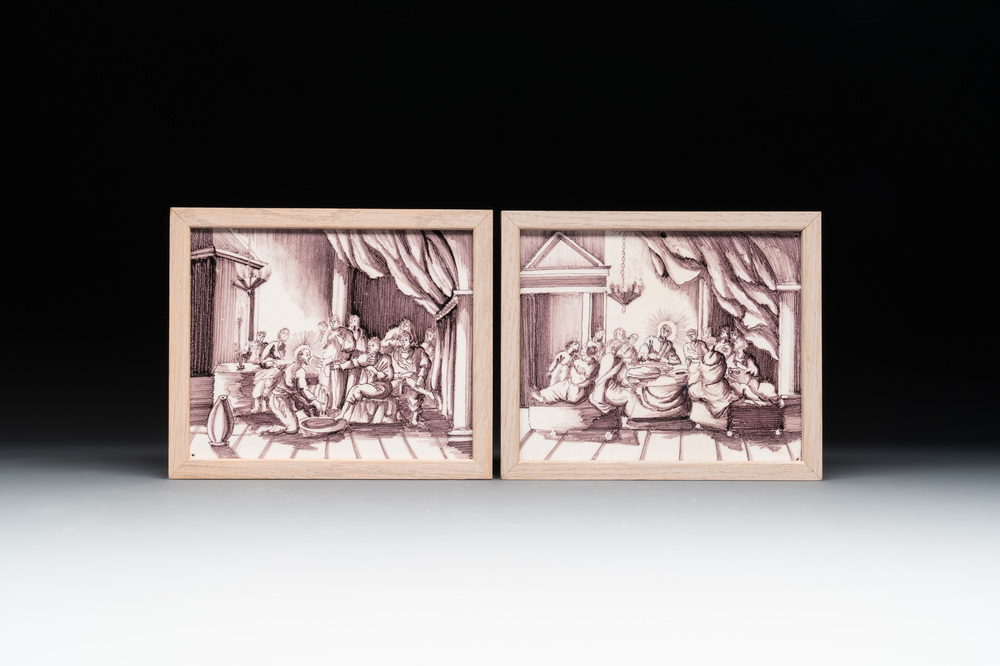 A pair of manganese Dutch Delft 'The Ordinance of Humility' and 'The Last Supper' plaques, Utrecht, 19th C.