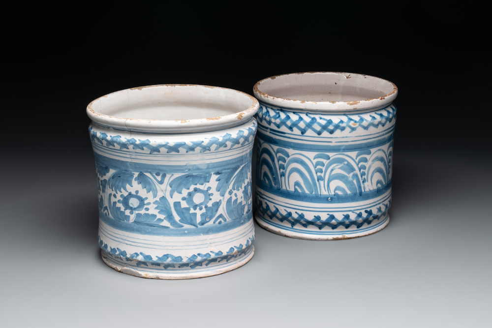 Two blue and white Dutch Delftware albarelli, Northern Netherlands, 17th C.