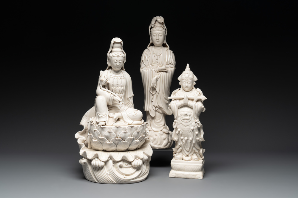 Three Chinese Dehua blanc de Chine figures of Guanyin and Weituo, He Chaozong 何朝宗 and Dehua 德化 mark, 20th C.