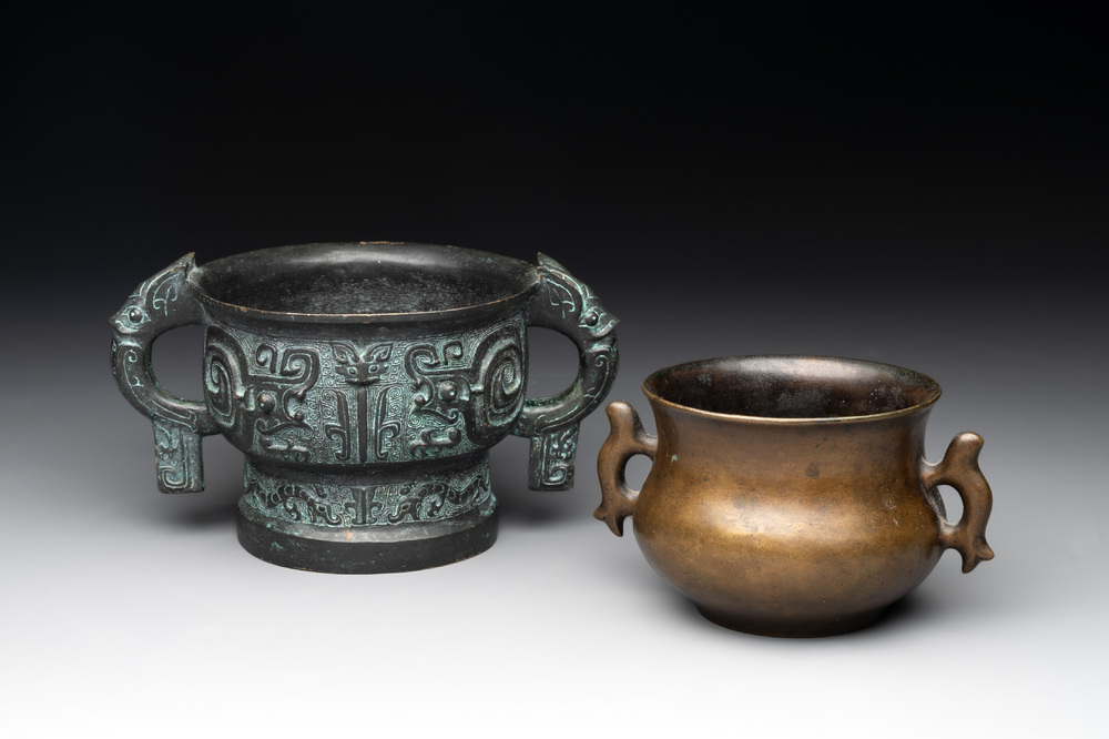 A Chinese bronze censer with Xuande mark and an archaistic vessel, 18/19th C.